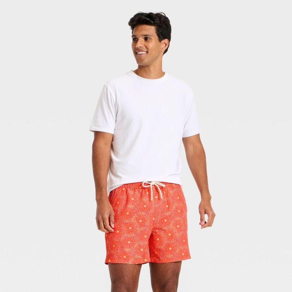 Men's 5'' Swim Trunks with Boxer Brief Liner - Coral Orange Floral L - Picture 3 of 4